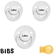 Bibs de Lux sutter med navn (White - FK) Runde Latex str.1, 3 pack